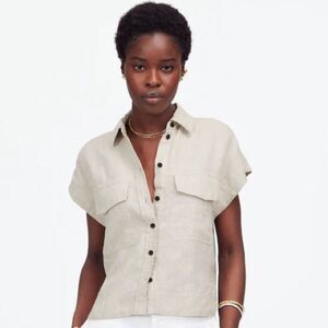 Madewell NWT Boxy Cargo Pocket Button Up Shirt Size Large Color: Oat 100% Linen